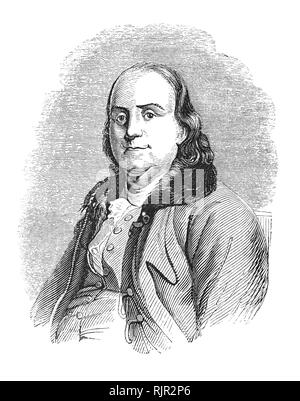 Ein Portrait von Benjamin Franklin (1706-1790), ein amerikanischer Universalgelehrten und einer der Gründerväter der Vereinigten Staaten. Franklin war ein führender Autor, Drucker, politische Theoretiker, Politiker, Freimaurer, postmaster, Wissenschaftler, Erfinder, Humorist, Civic Aktivist, Staatsmann und Diplomat. Als Wissenschaftler war er eine wichtige Figur in der amerikanischen Aufklärung und die Geschichte der Physik für seine Entdeckungen und Theorien in Bezug auf Elektrizität. Als Erfinder, die er für den Blitzableiter bekannt ist, Bifokal, und die Franklin Herd, unter anderem Erfindungen. Stockfoto