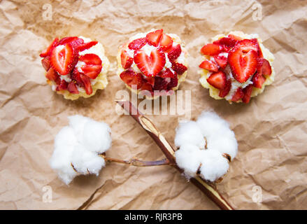Schöne kleine Kuchen mit Erdbeeren zusammen mit einem Zweig der Baumwolle liegt auf Kraftpapier. Stockfoto