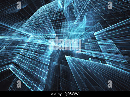 Abstrakten 3D fractal Hintergrund, 3D-Darstellung. Virtuelle Neon City Stockfoto