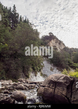 Bush bewaldeten Bergrücken und Klippen erheben sich über Ahuahu Stream, Whanganui River, North Island, Neuseeland Stockfoto