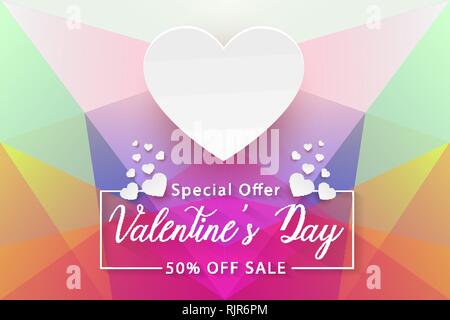 Valentines Tag Verkauf, bunte Low Poly paper Art Hintergrund mit weißen Herzen, Vektor, Abbildung, eps-Datei Stock Vektor