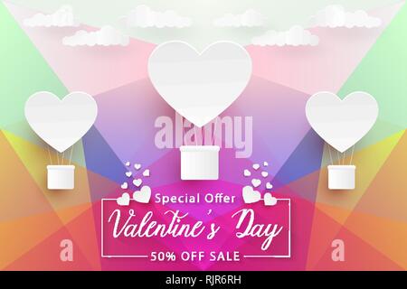 Valentines Tag Verkauf, bunte Low Poly paper Art Hintergrund mit weißen Herzen Luftballons, Vektor, Abbildung, eps-Datei Stock Vektor