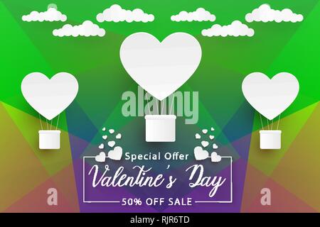 Valentines Tag Verkauf, bunte Low Poly paper Art Hintergrund mit weißen Herzen Luftballons, Vektor, Abbildung, eps-Datei Stock Vektor