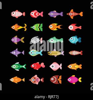 Exotic Aquarium Fische - Farb Vector Icons. Auf schwarzem Hintergrund isoliert. Stock Vektor