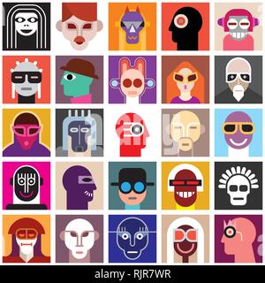 Avatar einstellen. Menschen Masken tragen. Collage von einem anderen Menschen Portraits. Nahtlose Tapete. Stock Vektor