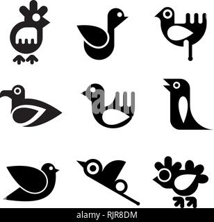 Vögel - Vektor Icon Set. Isolierte schwarze Symbole auf dem weißen Hintergrund. Stock Vektor