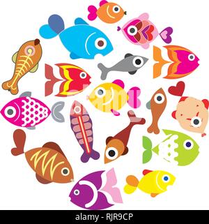 Zierfische Aquarium Fische - isolierte Vector Icons auf weißem Hintergrund. Runde Form. Stock Vektor
