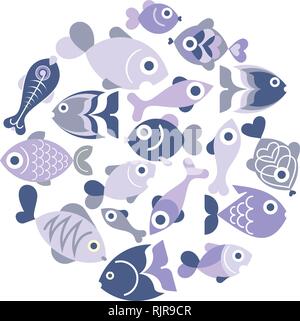 Blaues Aquarium Fische - isolierte Vector Icons auf weißem Hintergrund. Runde Form. Stock Vektor
