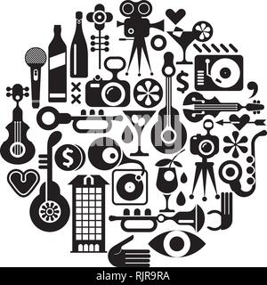 Musik und Film - isoliert runde Vector Illustration. Schwarz auf weißem Hintergrund. Kreis Hintergrund. Stock Vektor