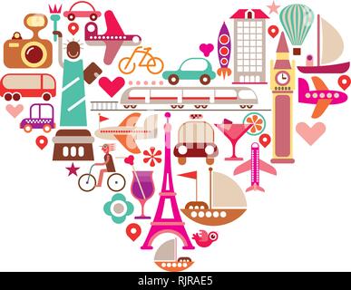 Reisen Liebe - Form des Herzens mit vielen isolierten Vector Icons. Stock Vektor