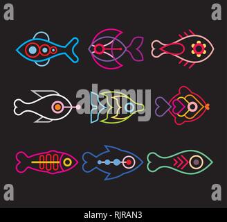 Aquarium Fische - Satz von Vector Icons. Auf schwarzem Hintergrund isoliert. Stock Vektor