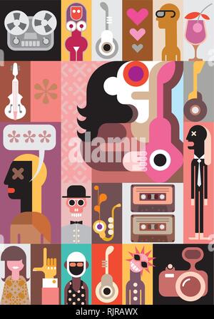 Mann spielt Gitarre - abstrakte Kunst Vector Illustration. Musikalisches Thema Collage. Stock Vektor