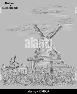 Vektor hand Zeichnung Abbildung von Wassermühlen in Holland, Niederlande. Wassermühlen auf der Wiese. Vektor Skizze hand Zeichnung Abbildung in Schwarz und Stock Vektor