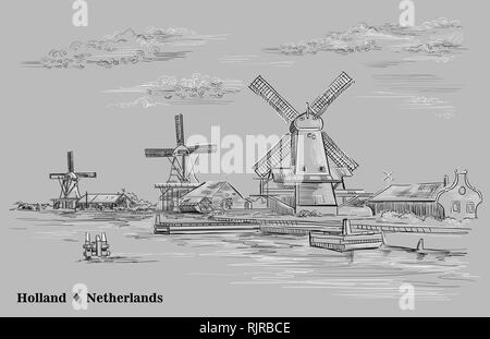 Vektor hand Zeichnung Abbildung von Wassermühlen in Holland, Niederlande. Blick auf den Bahndamm, Pier und Wassermühlen. Vektor Skizze Handzeichnung illustrati Stock Vektor
