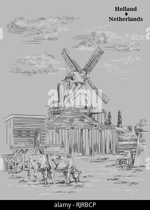 Vektor hand Zeichnung Abbildung von Wassermühlen in Holland, Niederlande. Wassermühle und grasende Kühe auf der Wiese. Vektor Skizze Handzeichnung Lllustrat Stock Vektor