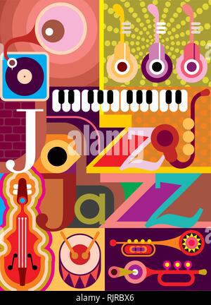 Jazz. Musikalische collage-Vector Illustration mit Musikinstrumenten und Inschrift 'Jazz'. Design mit Text. Stock Vektor