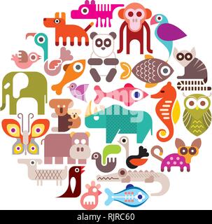 Tiere, Vögel und Fische - runde Vector Illustration. Isolierte farbige Symbole auf weißem Hintergrund. Stock Vektor