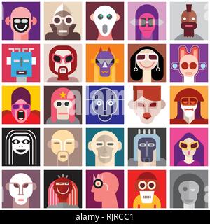 Menschen Masken tragen. Collage von einem anderen Menschen Portraits. Nahtlose Tapete. Stock Vektor