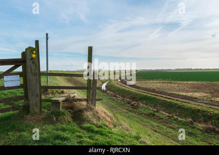 Fen Pfad Stil, Blick auf die Stile ein Fußweg am Meer entlang Bank - einen Damm zwischen landwirtschaftlicher Moorlandzone vom Waschen, Lincolnshire, Großbritannien. Stockfoto