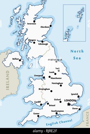 Großbritannien Karte Vektor - größere Städte auf der Karte von Großbritannien gekennzeichnet. Stock Vektor