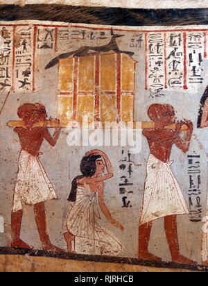 Wandmalerei in der thebanischen Grab von Roy (TT 255), in Dra' Abu el-Naga'. Er ist Teil der Thebanischen Nekropole, befindet sich auf dem Westufer des Nils gegenüber von Luxor. Das Grab ist die Begräbnisstätte der Alten Ägyptischen Beamten, Roy, die am Ende der 18. Dynastie lebte, während der Herrschaft von Haremhab. Roy war ein königlicher Schreiber in der Nachlässe von Haremhab und des Amun. Seine Frau, die mit ihm in das Grab Gemälde angezeigt wird, wird als Nebtawy, oder 'Tawy' benannt Stockfoto