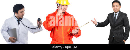 Portrait von drei Besetzung mit dem gleichen Modell, Südost Asiatische Geschäftsmann, Engineering und Arzt auf weißem Hintergrund, gehören Freistellungspfad Stockfoto