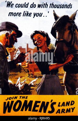 Weltkrieg zwei, Britische Propaganda Poster; Aufruf für Frauen Women's Land Army 1940 beitreten Stockfoto