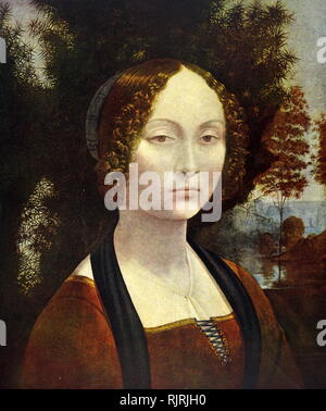 Ginevra de'Benci ist ein Portrait Gemälde von Leonardo da Vinci aus dem 15. Jahrhundert Florentiner aristocrat Ginevra de'Benci (c. geboren 1458). Leonardo da Vinci (1452-1519), italienischer Universalgelehrten der Renaissance, deren Interessengebiete enthalten Erfindung, Malerei, Bildhauerei, Architektur, Wissenschaft, Musik, Mathematik, Technik, Literatur, Anatomie, Geologie, Astronomie, Botanik, Schreiben, Geschichte, und Kartographie. Stockfoto