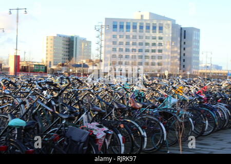 Masse Fahrradverleih Parkplatz vor dem Amsterdamer Bahnhof mit Gebäuden und blauen Himmel im Hintergrund Stockfoto