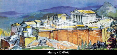 Abbildung aus einem Lexikon, das antike Athen mit Akropolis. ca. 1947. Perikles (C. 495 - 429 v. Chr.) Im fünften Jahrhundert v. Chr., der den Bau der wichtigsten Stellen der Site bleibt einschließlich des Parthenon, der Propyläen, das Erechtheion und den Tempel der Athena Nike koordiniert Stockfoto