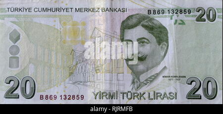 20 Lira türkische Banknote zeigt, Ahmet Kemalettin oder Kemaleddin (1870-1927), türkische Architekt des sehr späten Periode des osmanischen Architektur und die frühen Jahre der neu gegründeten Republik Stockfoto
