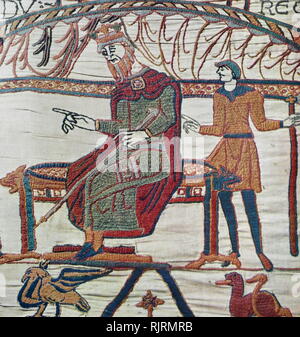 Episode aus dem Teppich von Bayeux, der bestickten Tuch fast 70 Meter (230 ft) lang, die die Ereignisse, die zu der Normannischen Eroberung Englands zeigt, die ihren Höhepunkt in der Schlacht von Hastings, in 1066. Es ist bis heute auf das 11. Jahrhundert dachte, nur wenige Jahre nach der Schlacht. Erzählt wird die Geschichte aus der Sicht der Normannen erobern. Stockfoto