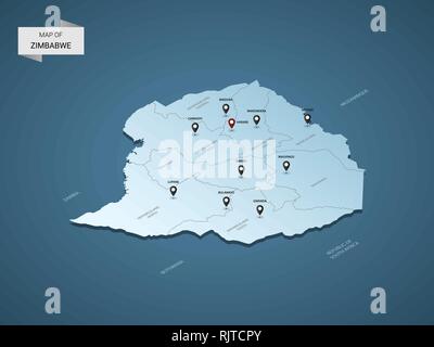 Isometrische 3D-Simbabwe Karte, Vector Illustration mit Städten, Ländergrenzen, Kapital, administrative divisions und Zeiger markiert; Gradient blauen Hintergrund. Stock Vektor