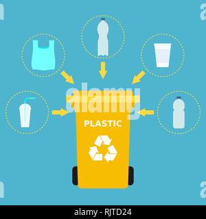 Yellow trash can and plastic waste suitable for recycling. Plastic recycle, segregate waste, sorting garbage, eco friendly, concept. Blue background. Stock Vektor