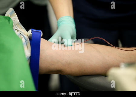 Details mit den Händen eines Arztes, strapazierfähiges Gummi chirurgische Handschuhe, Blut aus der Vene eines Patienten mit einem Katheter Stockfoto