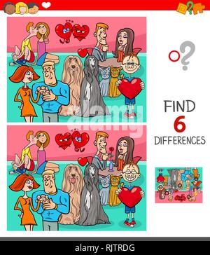 Cartoon Illustration des Findens von sechs Unterschiede zwischen den Bildern Lernspiel für Kinder mit Valentines Tag Zeichen in Liebe Stock Vektor