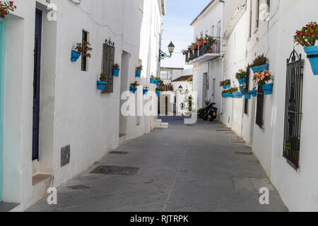Mijas, Spanien. Eine Seitenstraße im weißen Dorf Mijas, hell mit Blumentöpfen dekoriert Stockfoto