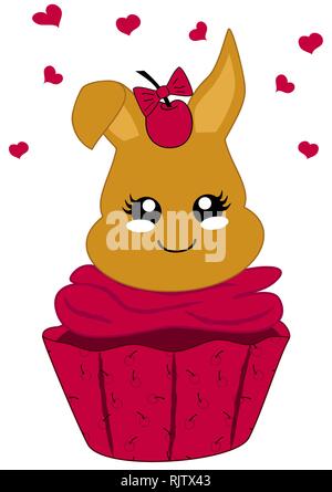 Cute Cupcake mit Kirschen und Bunny in kawaii Stil. Vektor Datei eps 10. Stock Vektor