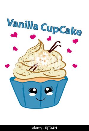 Vanilla Cupcake mit niedlichen Gesicht in kawaii Stil. Vektorgrafik EPS 10. Stock Vektor