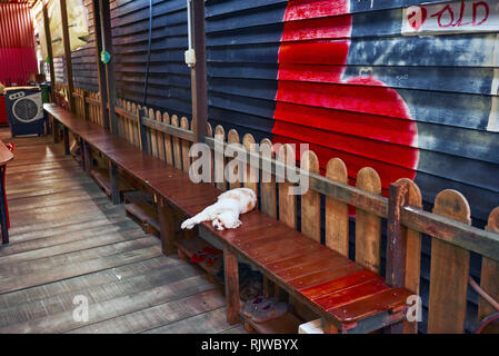 Erbe Häuser auf Stelzen mit Brettern Holz auf Kauen Jetty in Georgetown, Penang, Malaysia Stockfoto