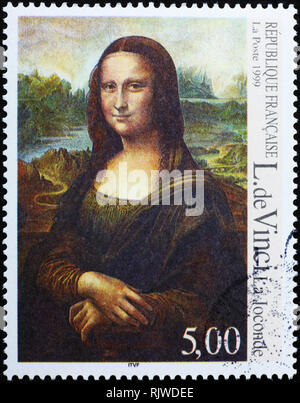 Berühmte Gemälde Mona Lisa auf französische Briefmarke Stockfoto