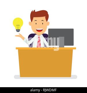 Geschäftsmann am Arbeitsplatz mit hellen ligh Glühbirne für erfolgreiche Geschäftsidee Konzept sitzend, Cartoon flache Design Stil. Vector Illustration Stock Vektor