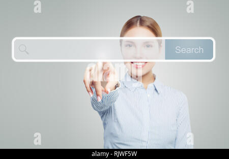 Nach Frau Hand. Zeigefinger auf leere Adressleiste in virtuellen Web Browser Stockfoto