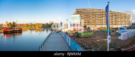 Der Fluss Nene im Zentrum von Peterborough, Cambridgeshire, mit einem großen Riverside Entwicklung im Bau Stockfoto