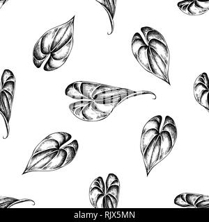 Nahtlose Muster mit schwarzen und weißen Philodendron, Bananenblätter Stock Vektor