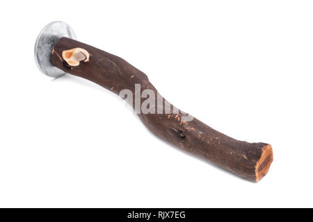 Natürliches Holz Käfig Sitzstange für Papageien auf weißem Hintergrund. Stockfoto