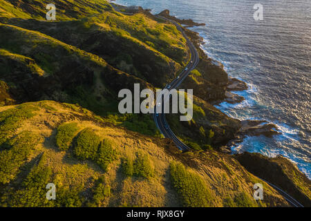 Bin Luftaufnahme von Highway 72 entlang der Ostküste von Oahu, Hawaii. Stockfoto