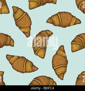 Nahtlose Muster mit Hand gezeichnete farbige Croissants und Brot Stock Vektor