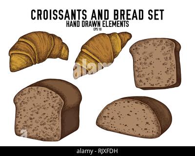Vektor Sammlung von Hand gefärbt Croissants und Brot Stock Vektor