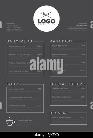 Moderne dunkle minimalistisches Restaurant Menü Vorlage mit zwei Spalten design A4 Layout und Typografie Stock Vektor